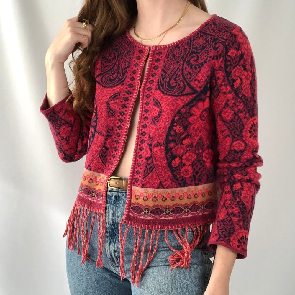 Stunning Vintage Cooi Knit Nordic Fringe Cropped Boho Cardigan Sweater Bohemian - Picture 5 of 9